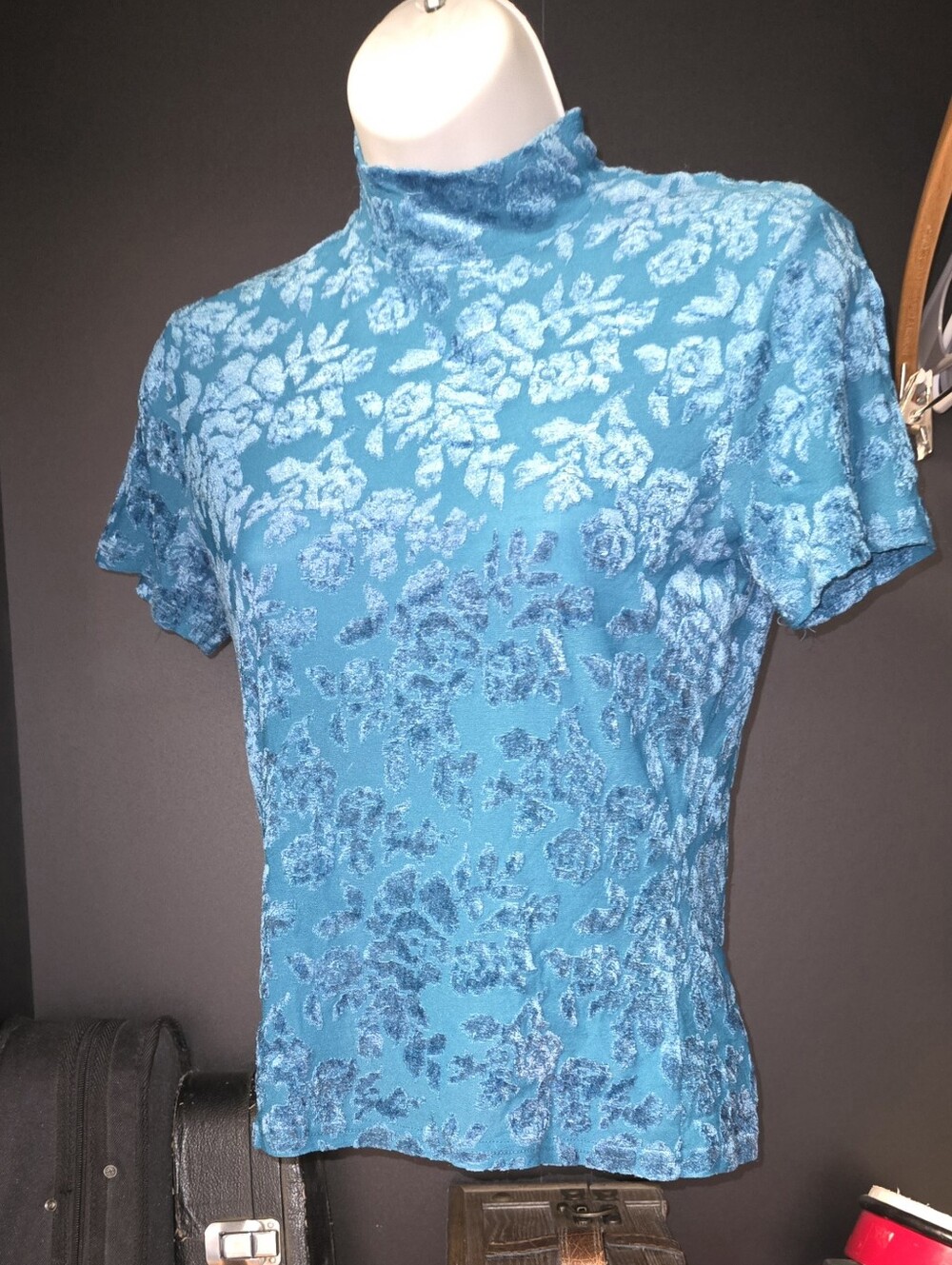 Vintage Melrose Studio Petites Teal Floral Velvet Mock Neck Shirt